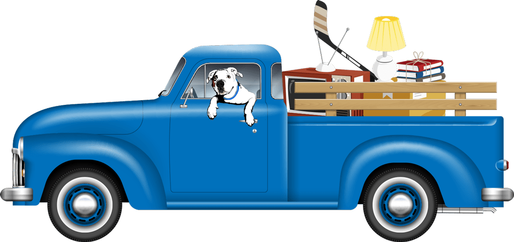 Rendered illustration of a dog riding in a vintage pickup truck full of junk