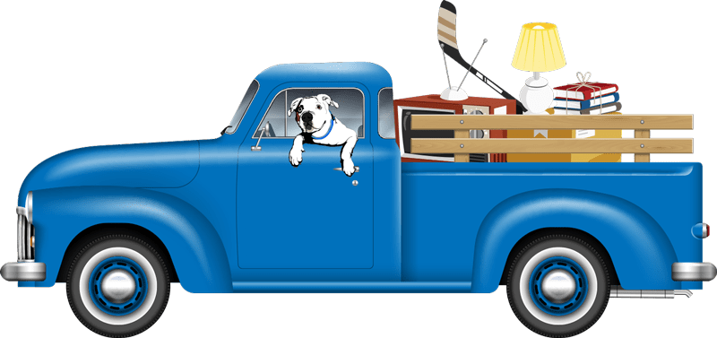 Rendered illustration of a dog riding in a vintage pickup truck full of junk