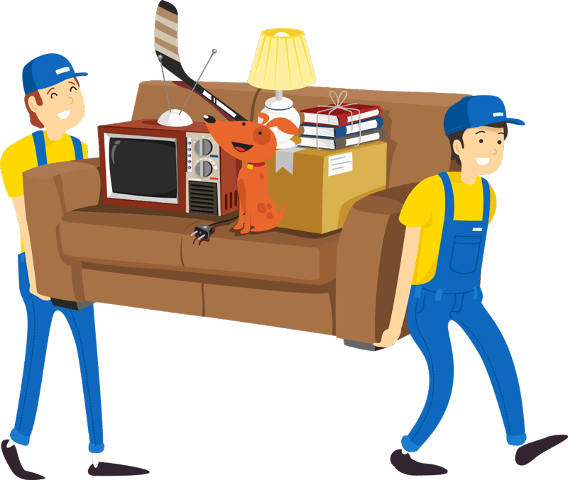 Vector illustration of two movers carrying a couch covered in household items